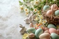 Happy easter deep blue Eggs Pastel mint Basket. White Lovely Bunny Cross. endearing background wallpaper