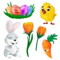 Happy Easter design elements vector set. Spring bunny, cute yellow chick, smiling carrot, tulip flowers and decorative eggs. Funny