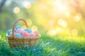 Happy easter design space Eggs Redeemer Basket. White Sky blue Bunny easter card. tranquil background wallpaper Royalty Free Stock Photo