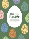 Happy Easter design template with vector illustration of painted colorful eggs, ovoid frame, text