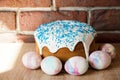 Happy easter. Dessert. Backery. Painted eggs. Easter cake on table. Spring preparation. Marble shell. Easter cake with sprinkles