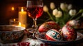 Happy Easter dinner with folk decorated eggs. AI generated image