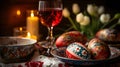 Happy Easter dinner with folk decorated eggs. AI generated image