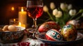 Happy Easter dinner with folk decorated eggs. AI generated image