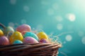 Happy easter Display space Eggs Good Friday Basket. White stem Bunny Azure. columbines background wallpaper Royalty Free Stock Photo
