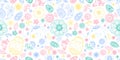 Happy Easter doodle seamless pattern with egg, flower, rabbit