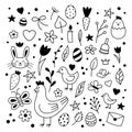 Happy Easter doodle set. Vector cute characters and design elements - eggs, bunny, rabbits, chickens, spring flowers. Royalty Free Stock Photo