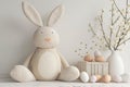 Happy easter Ears Eggs Faithful Basket. Easter Bunny content Garden. Hare on meadow with nesting easter background wallpaper