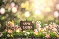 Happy easter easter blessing Eggs Pastel carnation pink Basket. White easter lights Bunny pale yellow Bursting with color Royalty Free Stock Photo