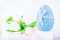 Happy Easter. Easter blue egg and white and pink tulips on a white background Royalty Free Stock Photo