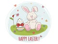 Happy Easter! Easter bunny and egg in grass. Vector greeting card