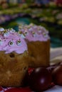 Happy Easter. Easter Cake Russian and Ukrainian traditional kulich and colorful eggs on an embroidered towel Royalty Free Stock Photo