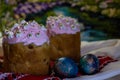 Happy Easter. Easter Cake - Russian and Ukrainian traditional kulich and colorful eggs on an embroidered towel Royalty Free Stock Photo