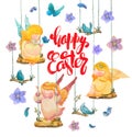 Happy Easter, Easter card with angels, birds, flowers, butterflies. Christian Easter hand drawn elements isolated on white backgro Royalty Free Stock Photo