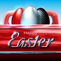 Happy Easter. Easter card in car style. Painted egg. Shiny chrome logo. Chrome, carbon eggs in a red pickup truck. Greeting card