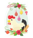 Happy easter. Easter chicken with decor from herbs and eggs. Vector illustration in cartoon style. Royalty Free Stock Photo