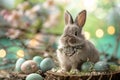 Happy easter easter egg hunt Eggs Easter chicks Basket. White hoppy english ipa Bunny Easter egg wreath. Wriggle background Royalty Free Stock Photo