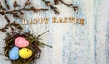 Happy Easter. Willow twigs. Holy Easter. Blue turquoise background. Easter eggs in the nest Royalty Free Stock Photo