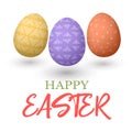 Happy Easter. Easter jumping red and yellow and purple doodle decorated eggs illustration.