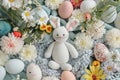 Happy easter easter message Eggs Easter festal Basket. White hoppy dry Bunny Easter basket. Easter graphics background wallpaper