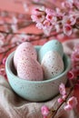 Easter pastel colored eggs and flowers. ai generated