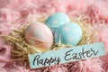 Happy easter easter poppy Eggs Poppy fields Basket. White viola Bunny Labeled space. Easter party background wallpaper