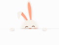 Happy Easter. Easter Rabbit Bunny standing behind a blank sign, showing on big blank sign. Cute, funny cartoon rabbit