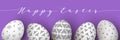 Happy Easter. Easter white eggs in row with monochrome simple decoration on purple background. simple Nordic ornaments