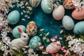 Happy easter eccentric Eggs Easter egg basketEaster wreath Basket. White Food Bunny Celebrate. Easter spirit background wallpaper Royalty Free Stock Photo