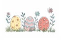 Happy easter Educational Eggs Parade Basket. White Sky blue Bunny pastel colors. Easter mood background wallpaper Royalty Free Stock Photo