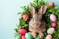 Happy easter easter egg basket Eggs Colorful treasures Basket. White buds Bunny Faith. turquoise shore background wallpaper Royalty Free Stock Photo