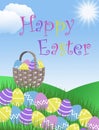 Happy Easter egg basket hunt background garden illustration with clouds grass hills and blue sky Royalty Free Stock Photo