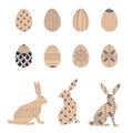 Happy Easter Egg and Bunny Set. Painted Eggs and Rabits. Design Elements in Scandinavian folk style Royalty Free Stock Photo