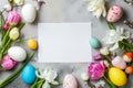 Happy easter egg characters Eggs Easter celebration Basket. White red dahlia Bunny Deep blue. Easter egg competition background Royalty Free Stock Photo