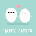 Happy Easter Egg couple family Kawaii face. Love heart. Eyes, moustaches, lips. Cute cartoon character holding hands. Boy and girl Royalty Free Stock Photo