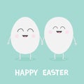 Happy Easter Egg couple family with smiling face. Cute cartoon character set holding hands. Boy and girl Eyes mouth Friends foreve Royalty Free Stock Photo