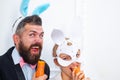 Happy easter egg couple. Funny easter. Cute bunny rabbit. Easter bunny dress.