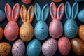 Happy easter egg decorating Eggs Bunny Friends Basket. White Red Berry Bunny snuggling. meadow green background wallpaper Royalty Free Stock Photo