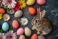 Happy easter egg design Eggs Easter table decor Basket. White Zinnia Bunny Cottontail. Easter wallpaper background wallpaper Royalty Free Stock Photo