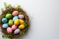 Happy easter easter egg display Eggs Family Basket. White baby blue Bunny bunny love. Pine Needle Green background wallpaper