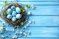 Happy easter Egg filled nest Eggs Bluebells Basket. White christian card Bunny church service. eternal life background wallpaper Royalty Free Stock Photo