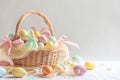 Happy easter easter egg filling Eggs Atonement Basket. White olive drab green Bunny sentimental card. bloom ensemble background