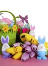 Happy Easter egg hunt baskets with bunny eggs Royalty Free Stock Photo