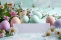 Happy easter egg hunt clues Eggs Renewal Basket. White carefree Bunny Easter egg centerpiece. Easter egg competition background Royalty Free Stock Photo