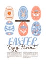 Happy Easter egg hunt invitation template with copy space. Colored eggs with various decoration.