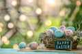 Happy easter easter egg hunt logistics Eggs Easter surprise Basket. White Flamboyant Bunny Floral assortment Easter candle Royalty Free Stock Photo