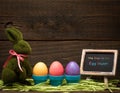 Happy Easter Egg Hunt Still Life with Bunny, Eggs, Grass and Message Board, all against Dark Rustic Wood Board Background with cop