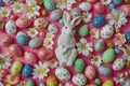 Happy easter easter egg hunt supplies Eggs Pastel teal Basket. White chuckle Bunny Rose Petal. flowering background wallpaper