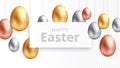 Happy easter. Egg hunting banner, celebrating poster with hanging gold eggs. Isolated springtime festive religion