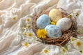 Happy easter egg ornament Eggs Vibrant Basket. White immortal Bunny Handwritten sentiment. Summer bloom background wallpaper Royalty Free Stock Photo